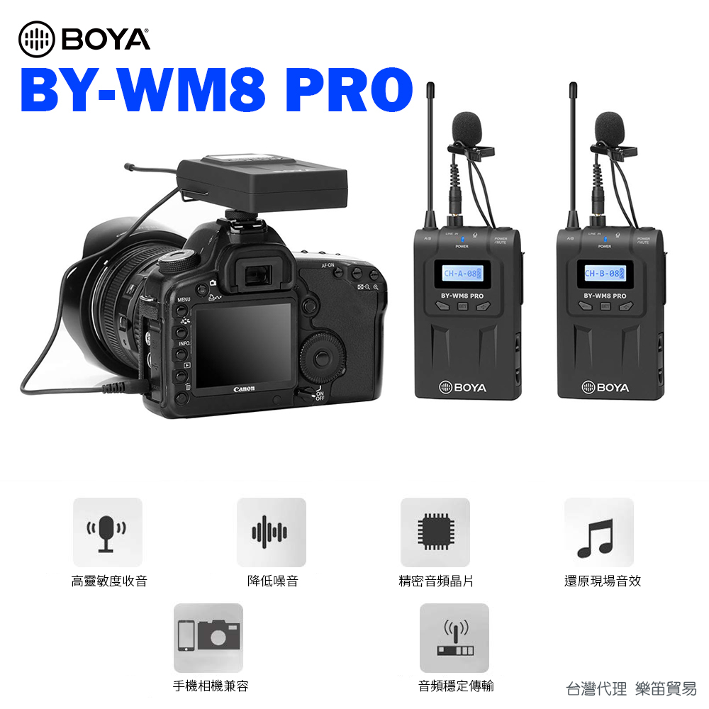 [送手機轉接線] BOYA BY-WM8 PRO K2 升級款無線麥克風組 手機/相機 無線領夾麥 UHF遠程收音100米 (二對一)